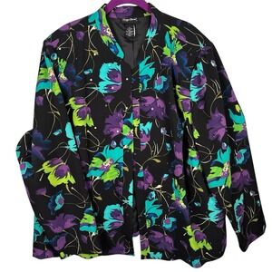 MAGGIE BARNES Womens Open Front Blazer‎ Jacket Black Floral Sz 2X 22/24W Sequins